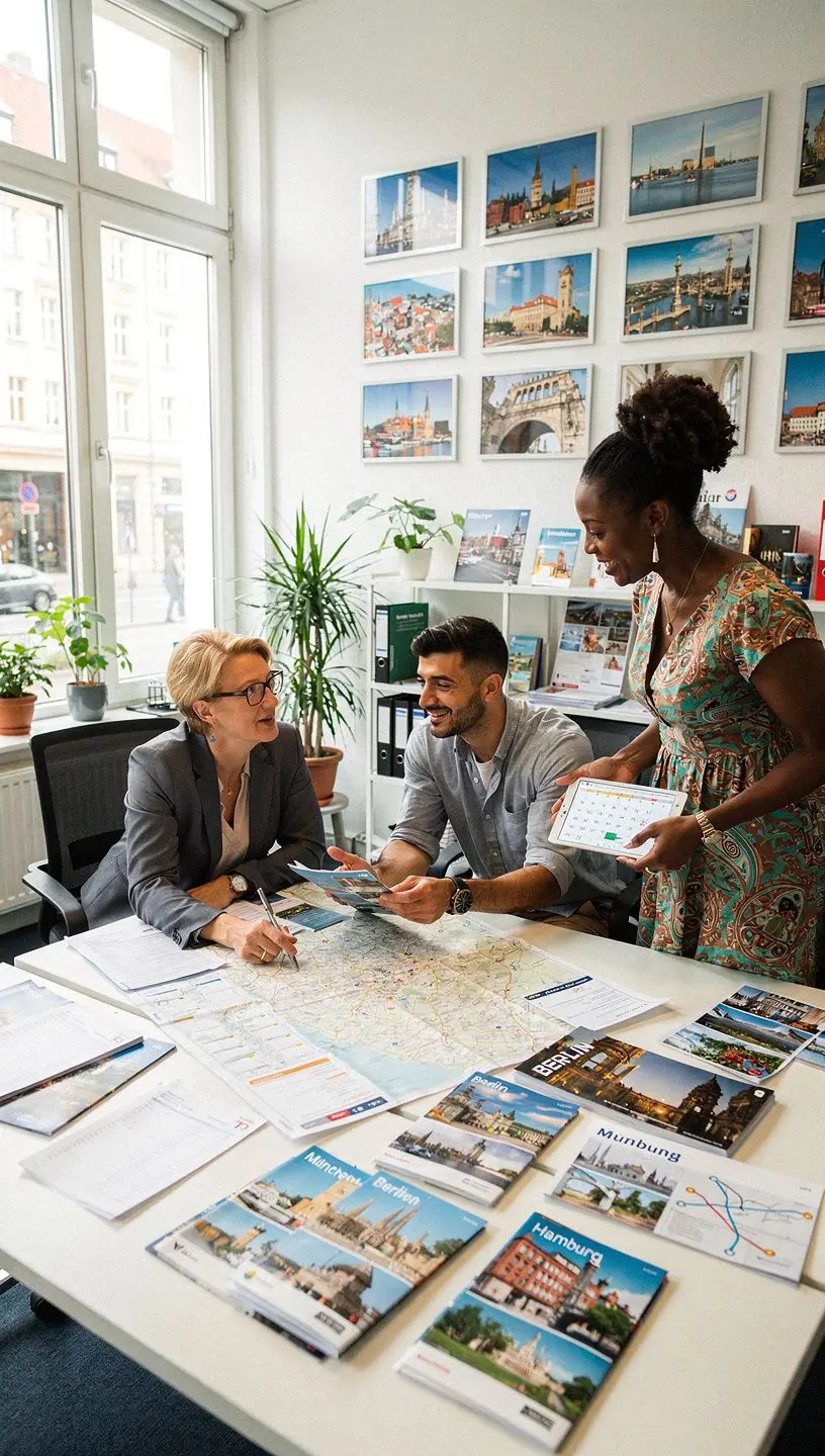 Team von Reiseexperten in einem modernen Büro, das eine koordinierte Mehrstadtreise plant und bespricht.