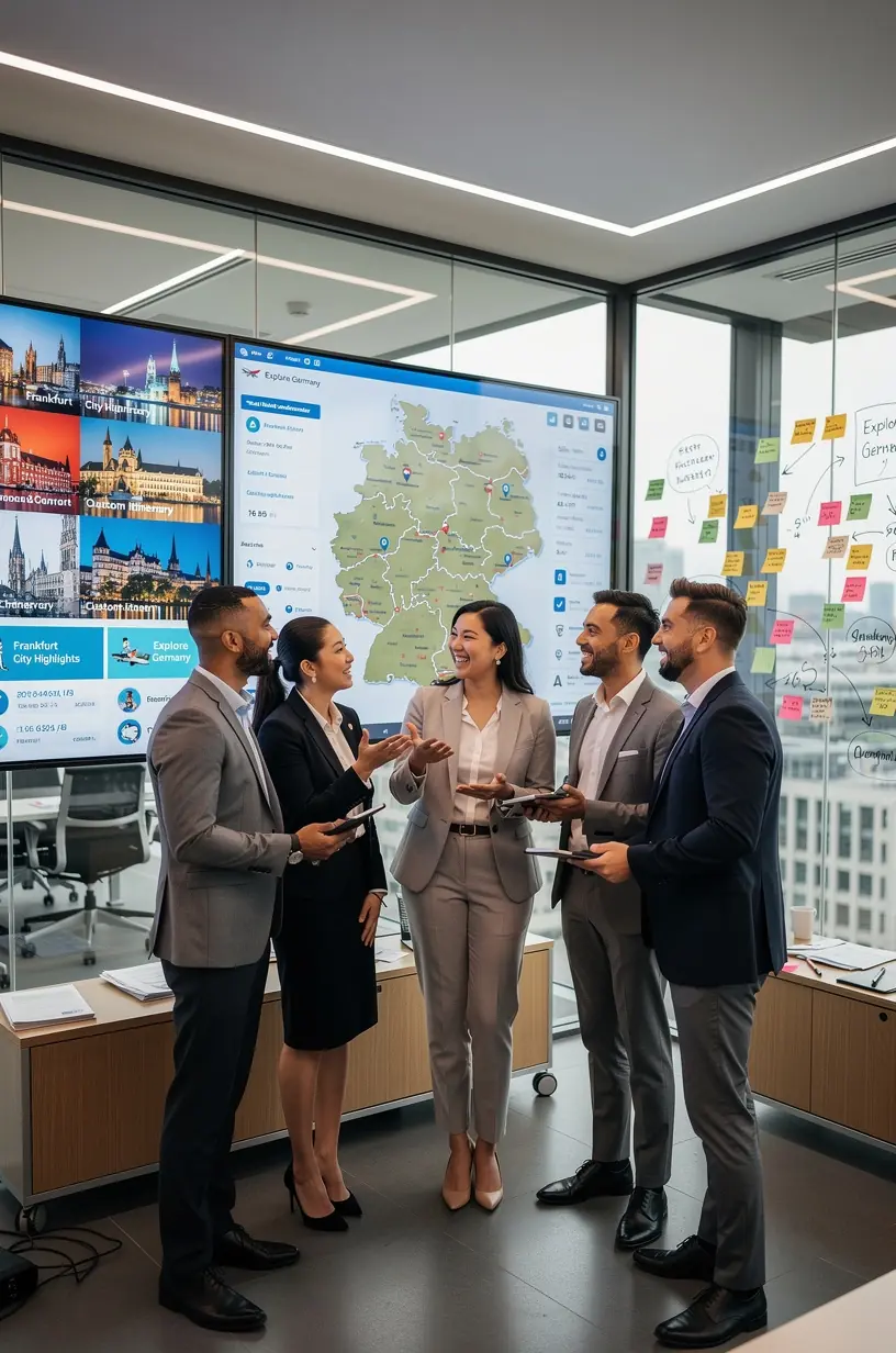 Professioneller Reiseplaner am Schreibtisch, der gedruckte Reiserouten und Unterlagen überprüft.